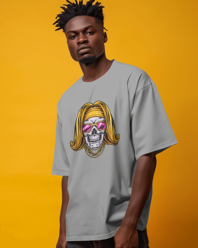 Oversized T-Shirt with Skull Gangster Look Graphic Print